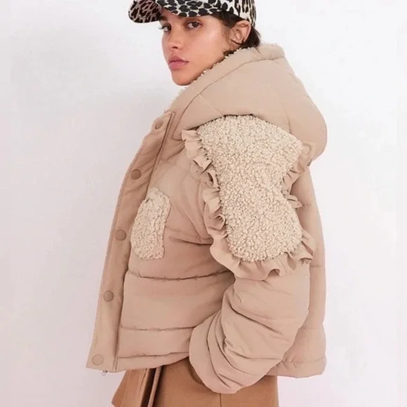 For Love & Lemons Hooded Ruffles Faux Sherpa Puffer Coat